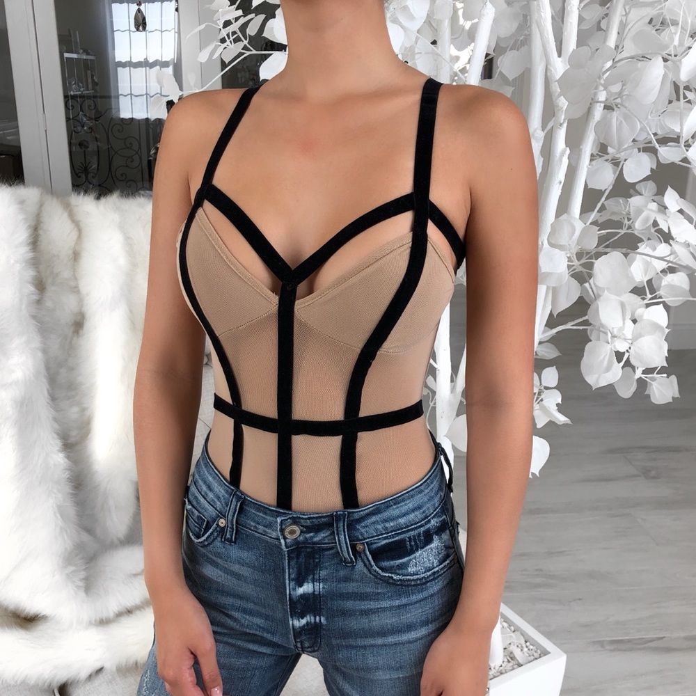 Women’s Nude Mesh Bodysuit with Black Straps